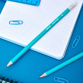 Карандаш чернографитный деревянный HB с ластиком Комус Aquamarine заточенный зеленый