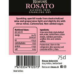 Шампанское безалкогольное Rimuss Rosato сухое розовое 0.75 мл фото Шампанское безалкогольное Rimuss Rosato сухое розовое 0.75 мл