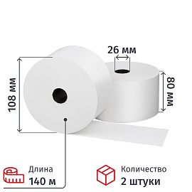Чековая лента из термобумаги 80 мм намотка 140 м диаметр 108 мм втулка 26 мм (2 штуки в упаковке)