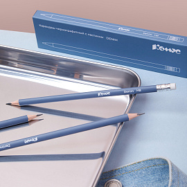 Карандаш чернографитный деревянный HB с ластиком Комус Denim заточенный синий