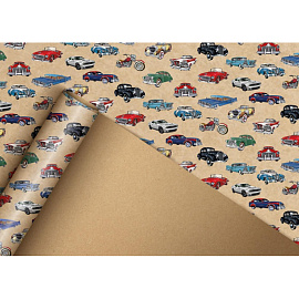 Бумага упаковочная Хорошо Автомобили ретро мелованная разноцветная 78 г/кв.м (1 рулон, 67.4х97.4 см)