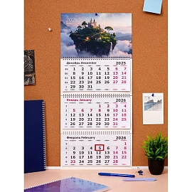 Календарь настенный 3-х блочный 2026 Attache Трио Стандарт, Замок, 305х675