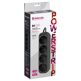 Удлинитель Defender M450, 4 розетки, с заземлением, 5м, черный фото Удлинитель Defender M450, 4 розетки, с заземлением, 5м, черный