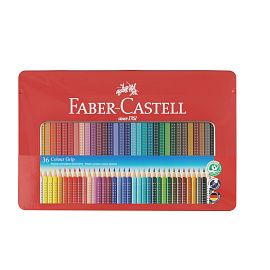 Карандаши цветные Faber-Castell "Grip", 36цв., трехгран., заточен., метал. упак. фото Карандаши цветные Faber-Castell "Grip", 36цв., трехгран., заточен., метал. упак.