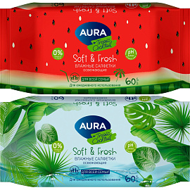 Салфетки влажные Aura Fresh Tropic Cocktail освежающие с мягким клапаном (60 листов в пачке)