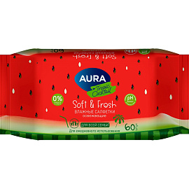 Салфетки влажные Aura Fresh Tropic Cocktail освежающие с мягким клапаном (60 листов в пачке)