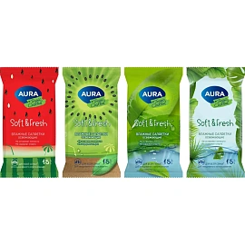 Салфетки влажные Aura "Tropic coctail", 15шт., освежающие, ассорти