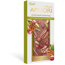 Шоколад Apriori молочный с пеканом, фисташкой и брусникой 85 г