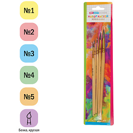 Набор кистей ArtSpace 5шт., белка, круглые, № 1, 2, 3, 4, 5, блистер