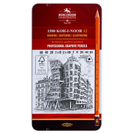 Набор карандашей ч/г Koh-I-Noor "1582" 12шт., 6B-6H, трехгранный, заточен., метал.пенал