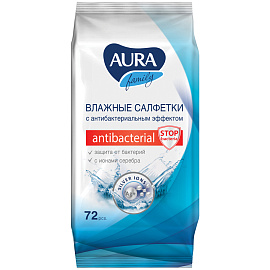 Салфетки влажные, 72 шт., AURA Family, антибактериальные, для всей семьи, 7044