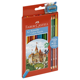 Карандаши цветные Faber-Castell Замок 12 цветов шестигранные и 6 цветов круглые с точилкой