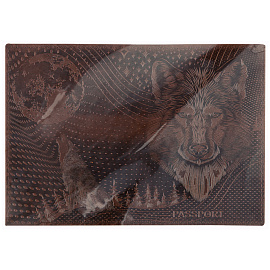 Обложка для паспорта OfficeSpace "Волк", кожа, тиснение, коричневая