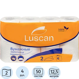 Полотенца бумажные Luscan 2-слойные белые 4 рулона по 12.5 метров