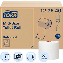 Бумага туалетная рулонная Торк (Tork) Mid-size Universal T6 1-слойная белая 27 рулонов по 135 метров (127540)