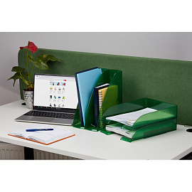 Лоток горизонтальный для бумаг Комус Русская серия пластиковый зеленый