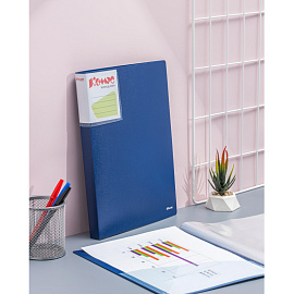 Папка файловая на 40 файлов Комус Шелк A4 25 мм синяя (толщина обложки 0.7 мм)