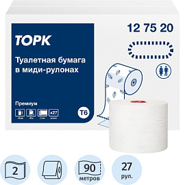 Бумага туалетная рулонная Торк (Tork) Premium T6 2-слойная белая 27 рулонов по 90 метров (127520)