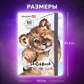 Скетчбук, белая бумага 120 г/м2, 145х203 мм, 80 л., резинка, твердый, BRAUBERG ART DEBUT "Львёнок", 114585