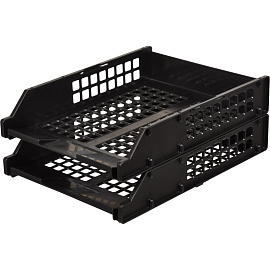 Лоток горизонтальный для бумаг Стамм Strong пластиковый черный решетчатый (2 штуки в упаковке)