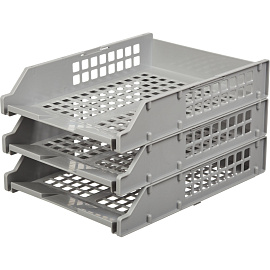 Лоток горизонтальный для бумаг Стамм Strong пластиковый серый решетчатый (3 штуки в упаковке)