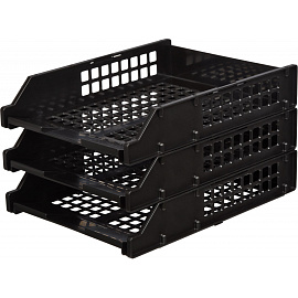 Лоток горизонтальный для бумаг Стамм Strong пластиковый черный решетчатый (3 штуки в упаковке)