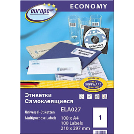 Этикетки самоклеящиеся Europe (ELA027) А4 210х297 мм 1 штука на листе белые (100 листов в упаковке) фото Этикетки самоклеящиеся Europe (ELA027) А4 210х297 мм 1 штука на листе белые (100 листов в упаковке)