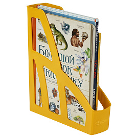 Лоток для бумаг вертикальный СТАММ "Лидер", желтый, ширина 75мм фото Лоток для бумаг вертикальный СТАММ "Лидер", желтый, ширина 75мм