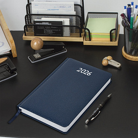 Ежедневник датированный 2026, А5, 138x213 мм, BRAUBERG "Profile", балакрон, синий, 117073