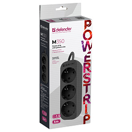 Удлинитель Defender M350, 3 розетки, с заземлением, 5м, черный фото Удлинитель Defender M350, 3 розетки, с заземлением, 5м, черный