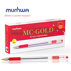 Ручка шариковая масляная с грипом MUNHWA "MC Gold", КРАСНАЯ, корпус прозрачный, узел 0,5 мм, линия письма 0,3 мм, BMC-03