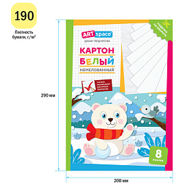 Картон белый А4, ArtSpace, 8л., немелованный, в папке, "Мишка