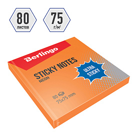 Самоклеящийся блок Berlingo "Ultra Sticky", 75*75мм, 80л., оранжевый неон фото Самоклеящийся блок Berlingo "Ultra Sticky", 75*75мм, 80л., оранжевый неон