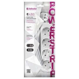 Удлинитель Defender E430, 4 розетки, с заземлением, 3м, белый фото Удлинитель Defender E430, 4 розетки, с заземлением, 3м, белый
