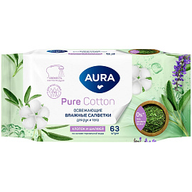 Салфетки влажные Aura Pure Cotton освежающие флоупак с мягким клапаном (63 листа в пачке) фото Салфетки влажные Aura Pure Cotton освежающие флоупак с мягким клапаном (63 листа в пачке)