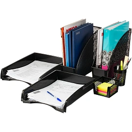 Лоток вертикальный для бумаг 110 мм Attache пластиковый черный 6 предметов (2 лотка горизонтальных, 2 лотка вертикальных, подставки для ручек и стикер