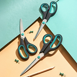 Ножницы 195 мм Attache с пластиковыми прорезиненными анатомическими ручками бирюзового/черного цвета