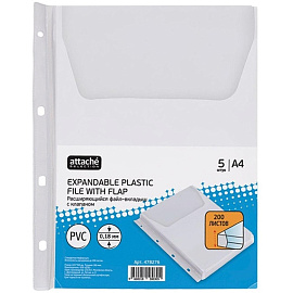 Файл-вкладыш с расширением и клапаном Attache А4 180 мкм прозрачный гладкий 5 штук в упаковке