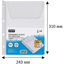 Файл-вкладыш с расширением и клапаном Attache А4 180 мкм прозрачный гладкий 5 штук в упаковке