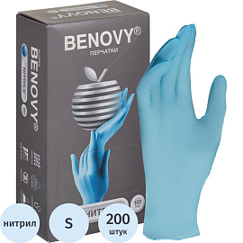 Перчатки медицинские смотровые нитриловые Benovy текстурированные нестерильные неопудренные размер S (6.5-7) голубые (100 пар/200 штук в упаковке)
