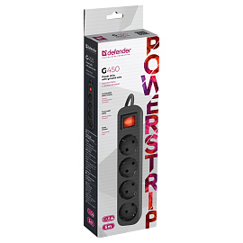 Удлинитель сетевой DEFENDER G450, 4 розетки, c заземлением, выключатель, 10А, длина 5 м, черный, 99339 фото Удлинитель сетевой DEFENDER G450, 4 розетки, c заземлением, выключатель, 10А, длина 5 м, черный, 99339