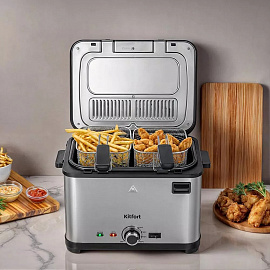 Фритюрница KITFORT KT-6240, 2000 Вт, объем 4,8 л, регулировка 130-190 °С, 3 корзинки, черная/серебристая, КТ-6240