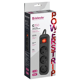 Удлинитель Defender G350, 3 розетки, с заземлением, выключатель, 5м, черный фото Удлинитель Defender G350, 3 розетки, с заземлением, выключатель, 5м, черный