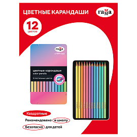 Карандаши цветные Гамма, 12цв., квадратные, пастельн., заточен., метал. пенал фото Карандаши цветные Гамма, 12цв., квадратные, пастельн., заточен., метал. пенал