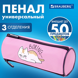 Пенал BRAUBERG, 3 отделения, нейлон, 21х7х7 см, "Lazy cat", 272306
