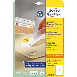 Этикетки самоклеящиеся удаляемые Avery Zweckform (L4735REV-25) А4 210х297 мм 1 штука на листе белые (25 листов в упаковке) фото Этикетки самоклеящиеся удаляемые Avery Zweckform (L4735REV-25) А4 210х297 мм 1 штука на листе белые (25 листов в упаковке)