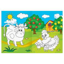 Раскраска с цв. фоном А4, 16 стр., ТРИ СОВЫ "В деревне