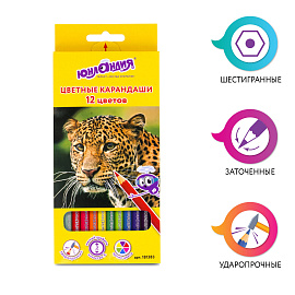 Карандаши цветные ЮНЛАНДИЯ "МИР ЖИВОТНЫХ", 12 цветов, шестигранные, грифель 3 мм, натуральное дерево, 181383