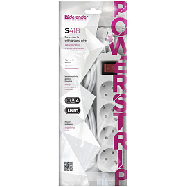 Удлинитель Defender S418, 4 розетки, с заземлением, выключатель, 1,8м, белый фото Удлинитель Defender S418, 4 розетки, с заземлением, выключатель, 1,8м, белый