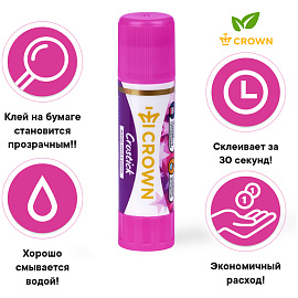 Клей-карандаш Crown "Indicator", 08г, с цветным индикатором, ПВП